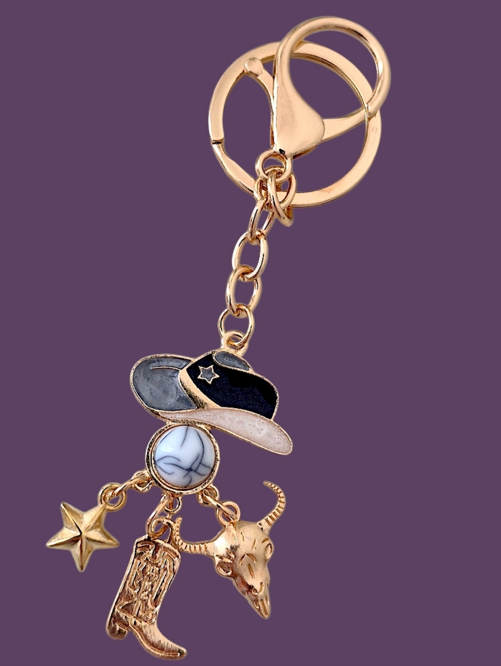 Western Bag Charm / Keychain With Gray Hat & Charms